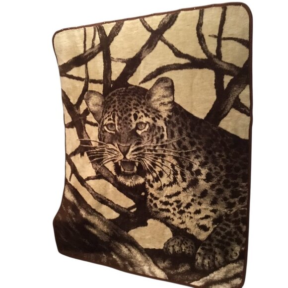 San Marcos Ryltex Mexico Reversible Blanket Cheetah Vintage Brown Cat Plush - Picture 2 of 12